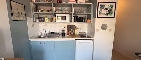 Fridge, microwave, cookware/dishes/utensils