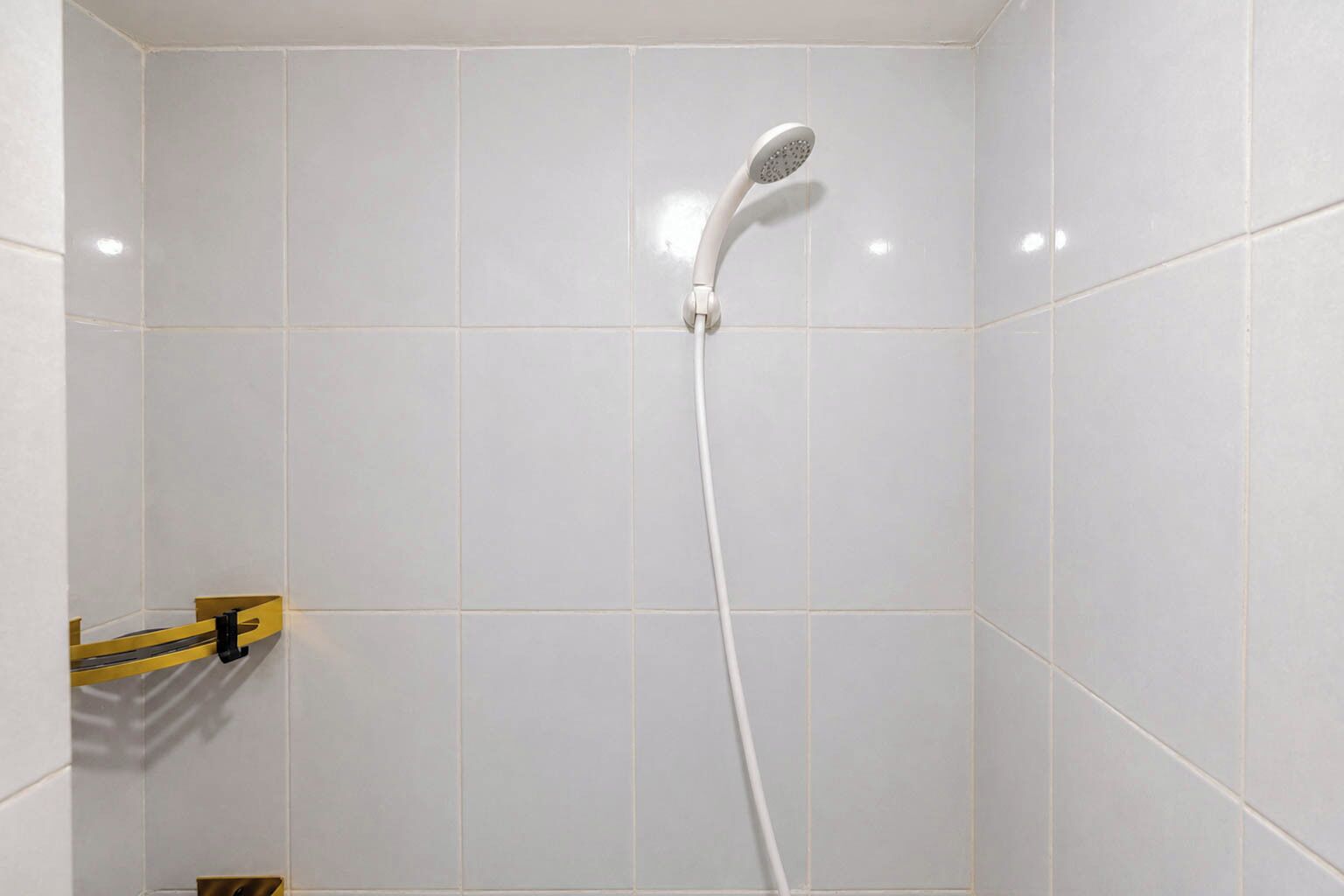 Chuveiro com chuveiro manual em um quarto com azulejos.