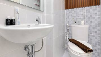 A bathroom with a white sink, a toilet, and a mirror above the sink.