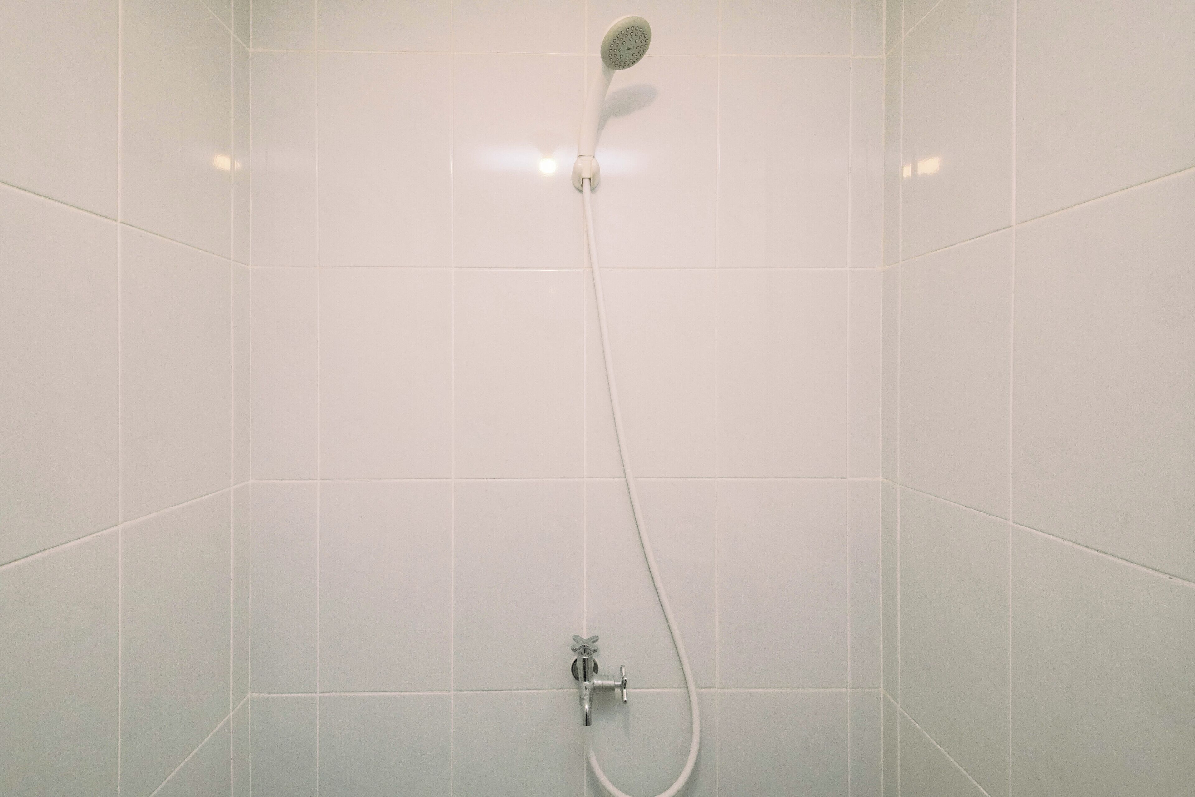 Um chuveiro com um chuveiro manual e uma torneira fixada na parede.
