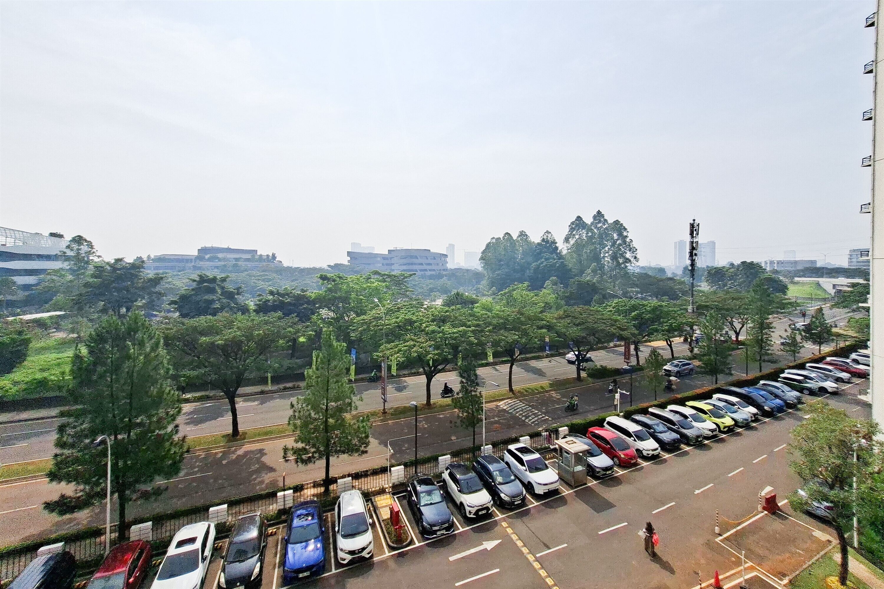 A parking lot with multiple rows of parked cars, a road with vehicles, and trees.