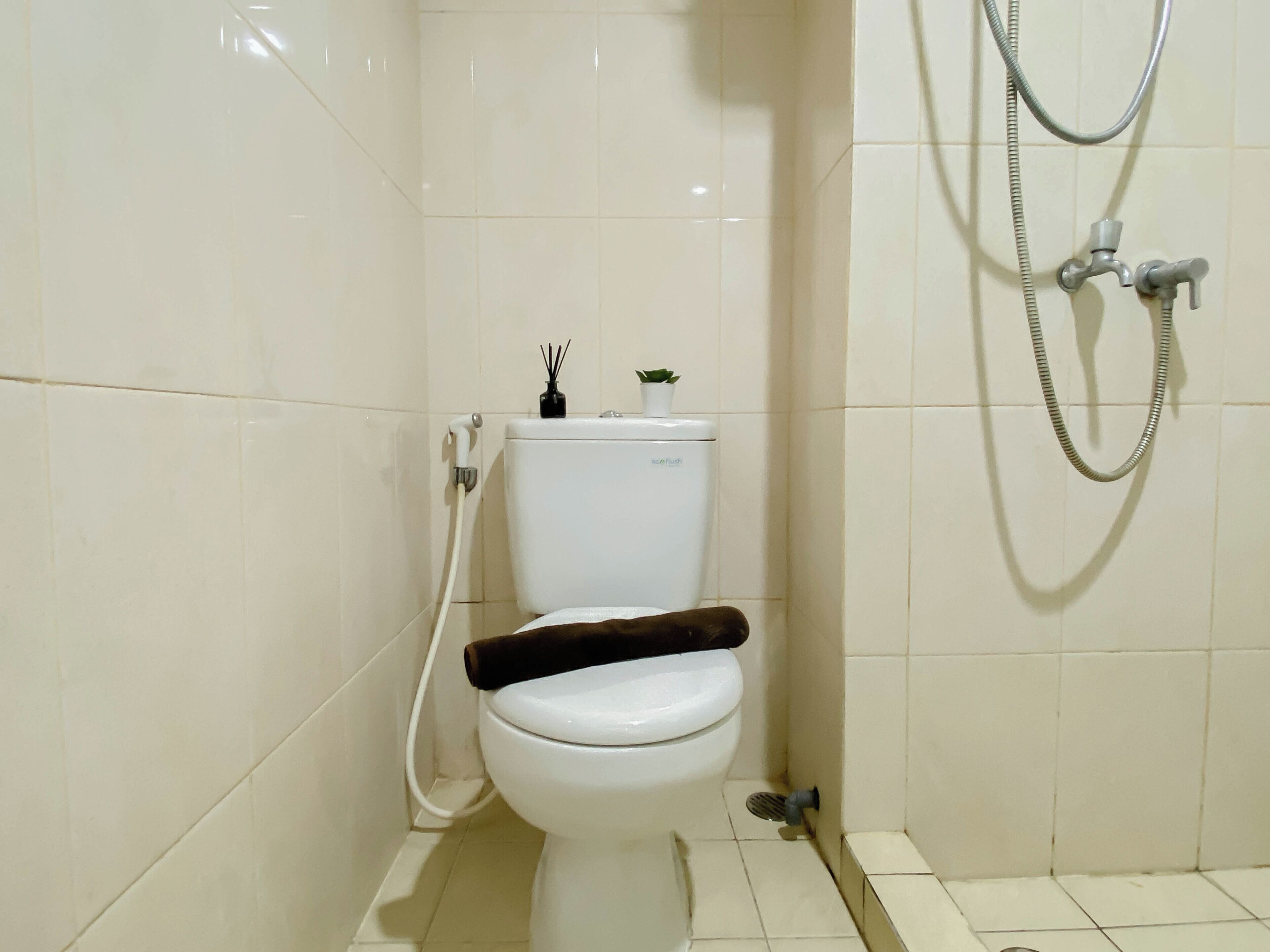 A bathroom with a toilet, a shower, and a toilet paper holder.