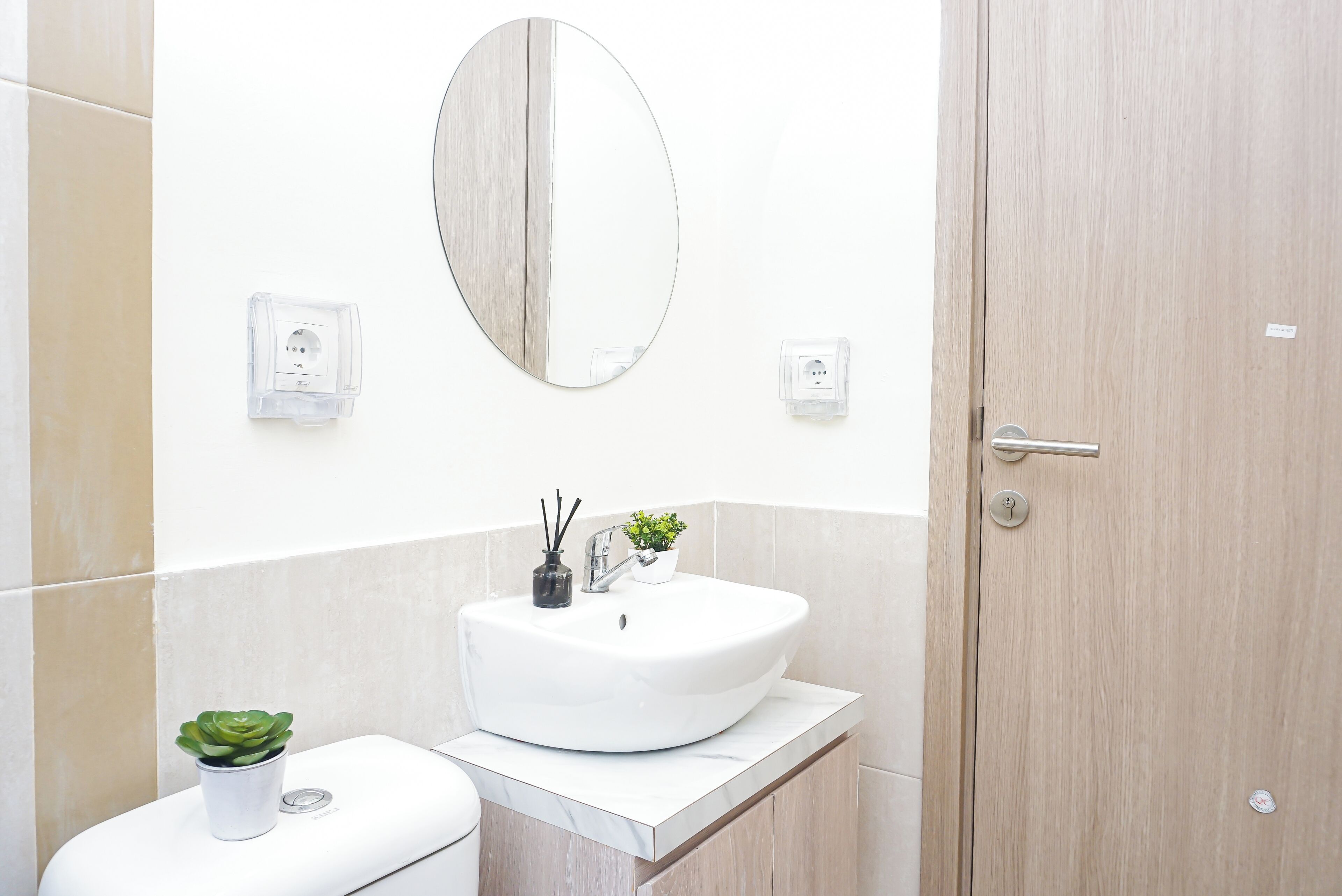 Un bagno con un lavandino bianco, uno specchio, una pianta in vaso e un water.