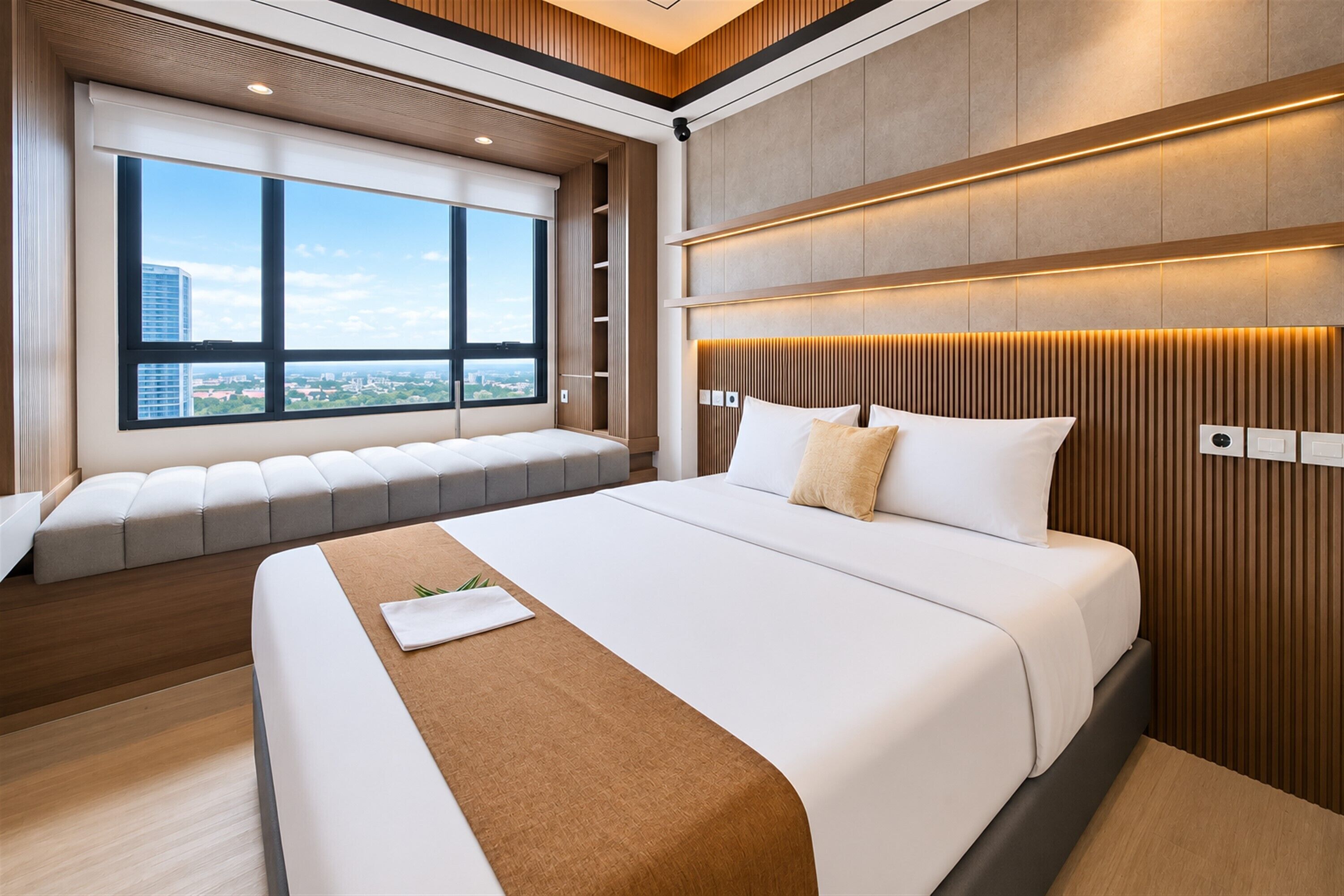 A modern hotel room with a large bed, a seating area, a city view, and a wooden accent wall.