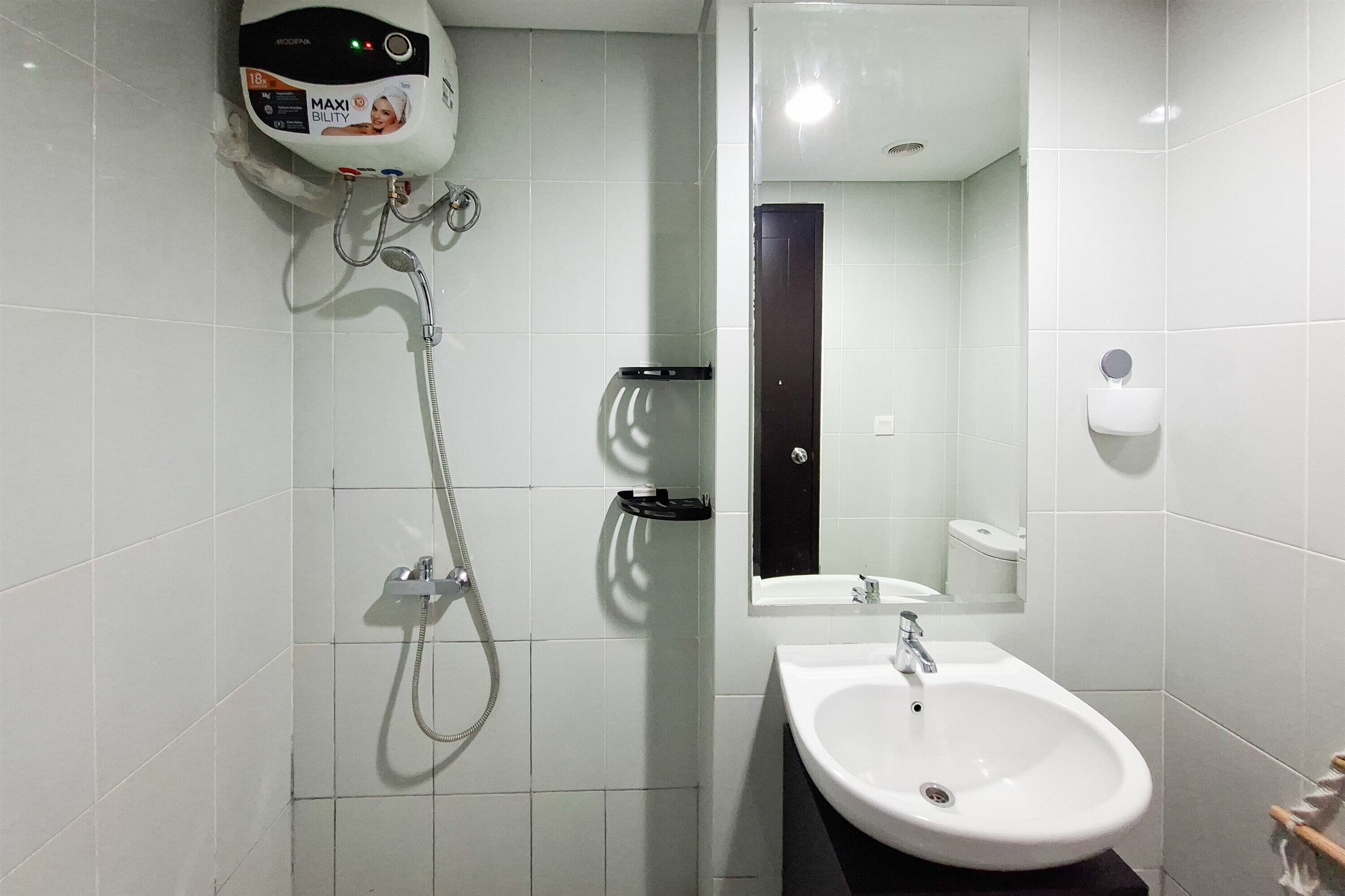 A bathroom with a white sink, a mirror, a shower with a handheld showerhead, and a toilet.