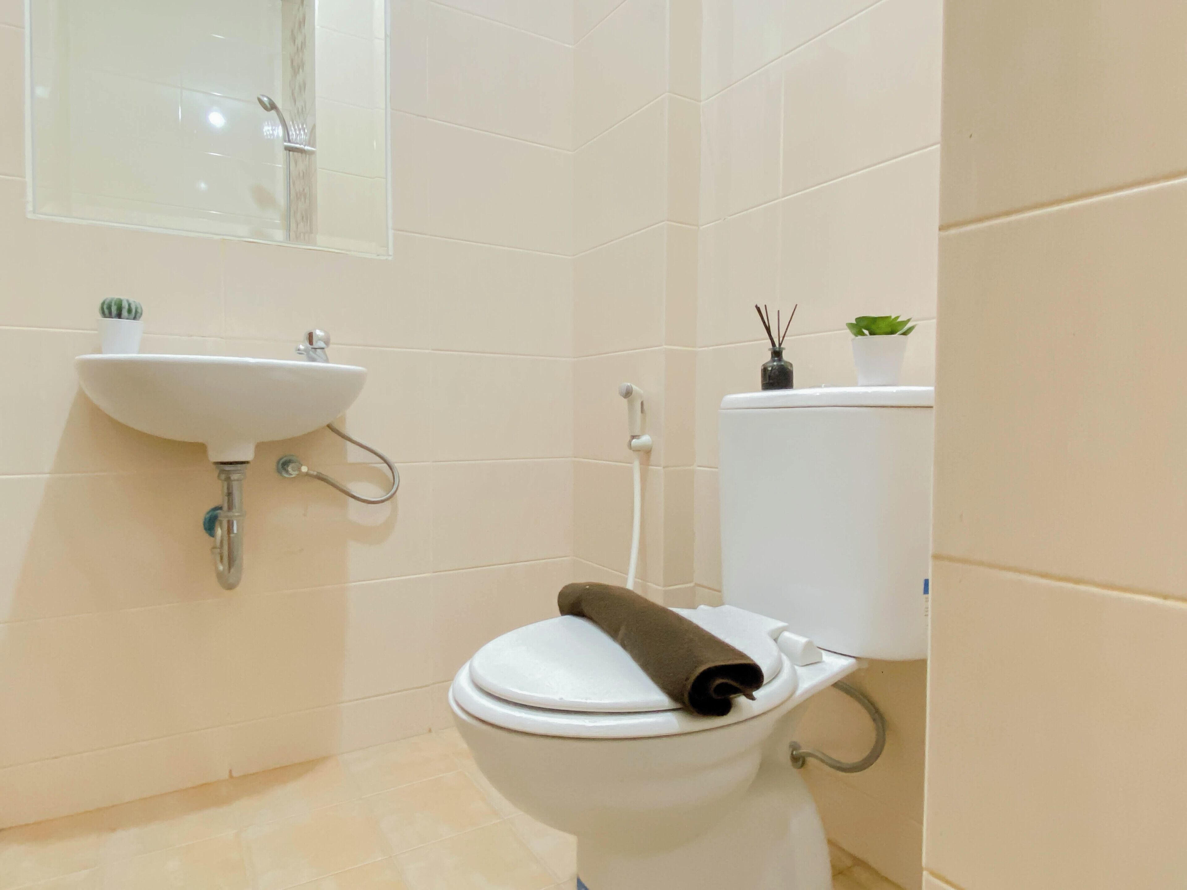 Ein Badezimmer mit Toilette, Waschbecken und einem Spiegel darüber.