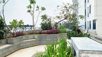 A rooftop garden with various plants and a seating area.