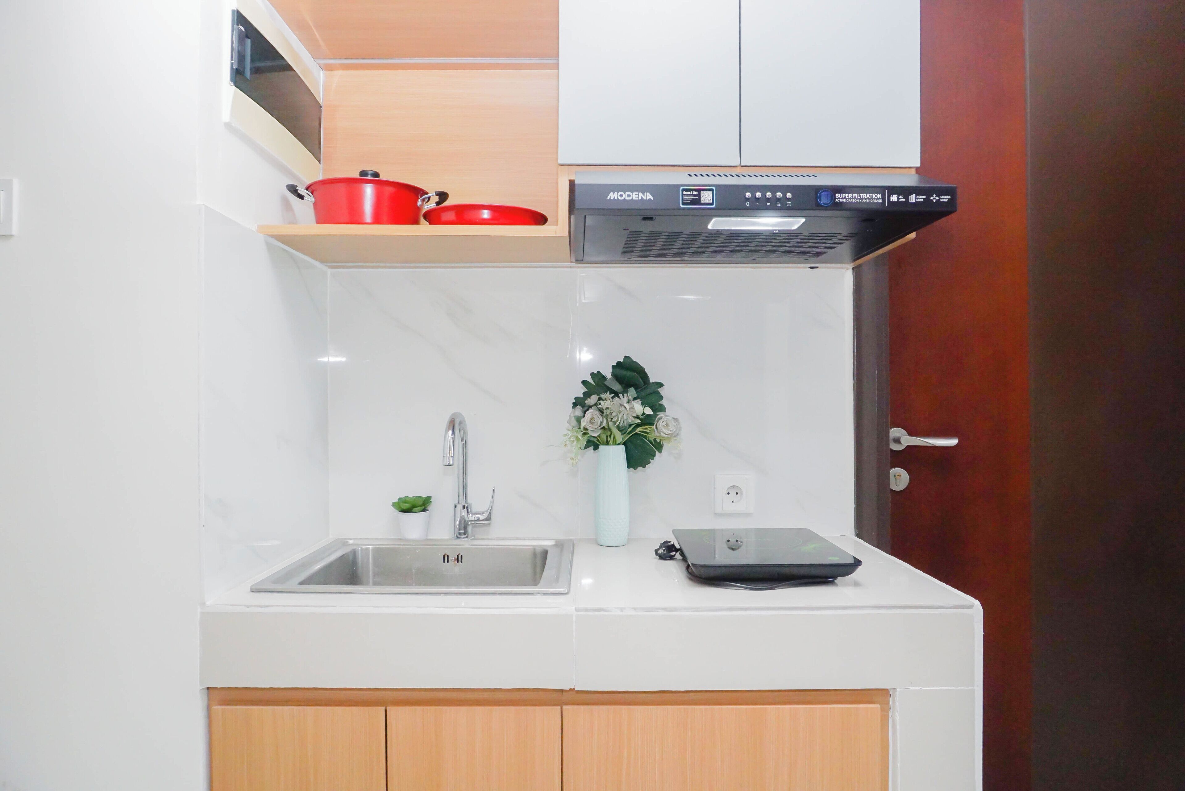 A kitchen with a stainless steel sink, a red pot on a shelf, a black range hood, and a small potted plant.