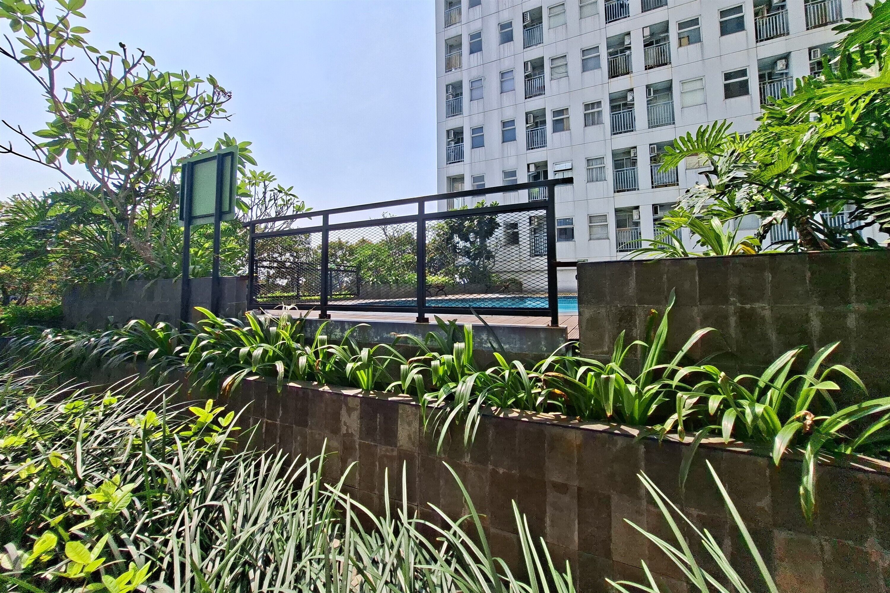 Uma área externa cercada por grades, com piscina, rodeada por vegetação e um edifício alto ao fundo.