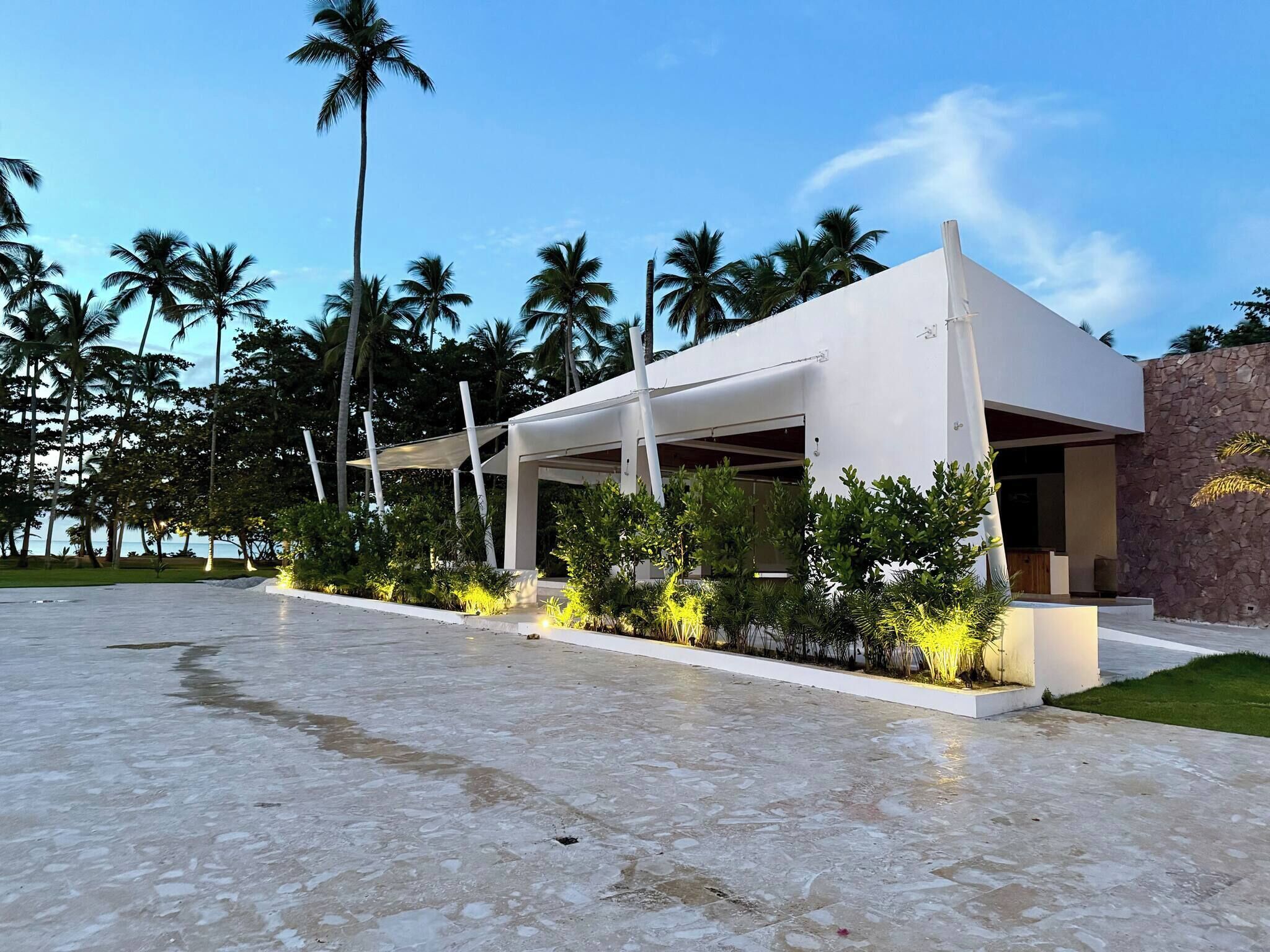 A modern building with a flat roof, surrounded by palm trees and a paved area.