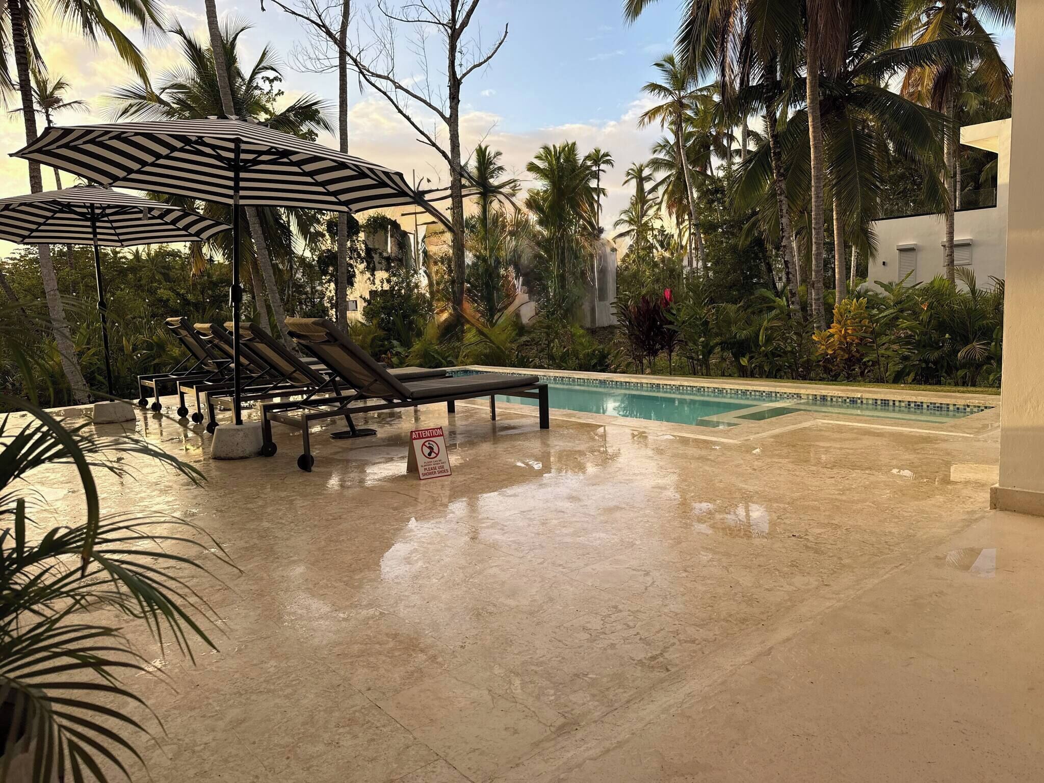 A pool area with lounge chairs and umbrellas, surrounded by palm trees and a clear sky.