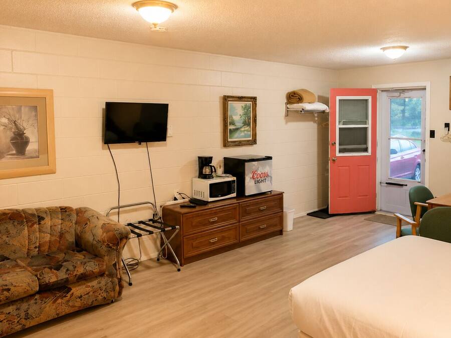 A room with a sofa, a television, a microwave, a coffee maker, a door, and a window.