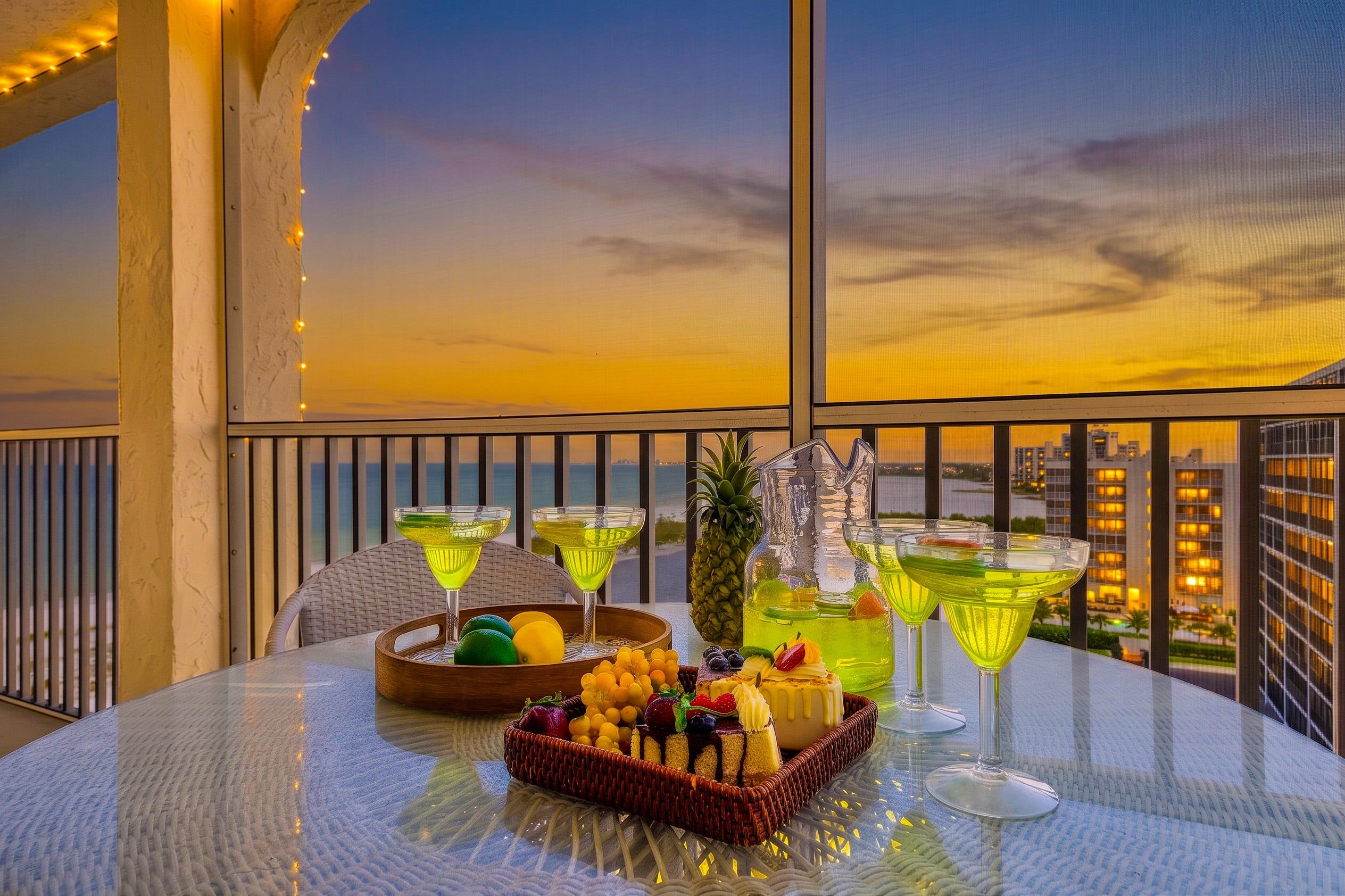 A table with drinks, fruits, and a pineapple on a balcony with a city view at sunset.