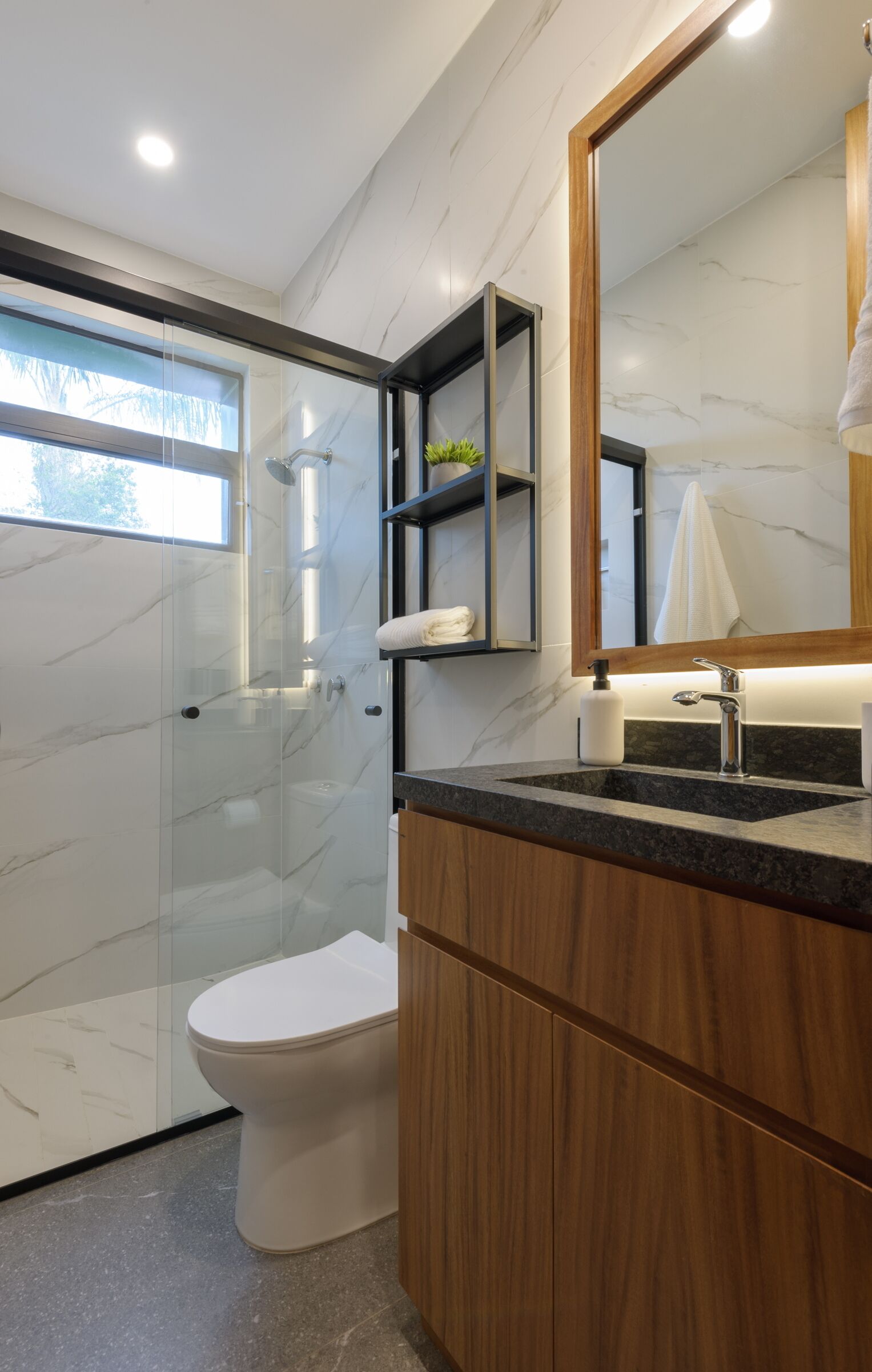 Ein modernes Badezimmer mit einer gläsernen Duschkabine, einer Toilette, einem Waschtisch mit Spiegel und einem Regal mit einer Pflanze.