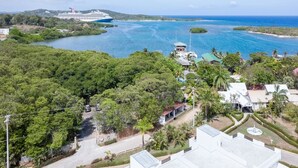 A coastal area with a cruise ship in the background, lush greenery, and a mix of residential and commercial buildings.