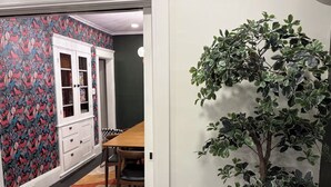 Een kamer met behang met een patroon, een houten eettafel, een kast en een kamerplant.