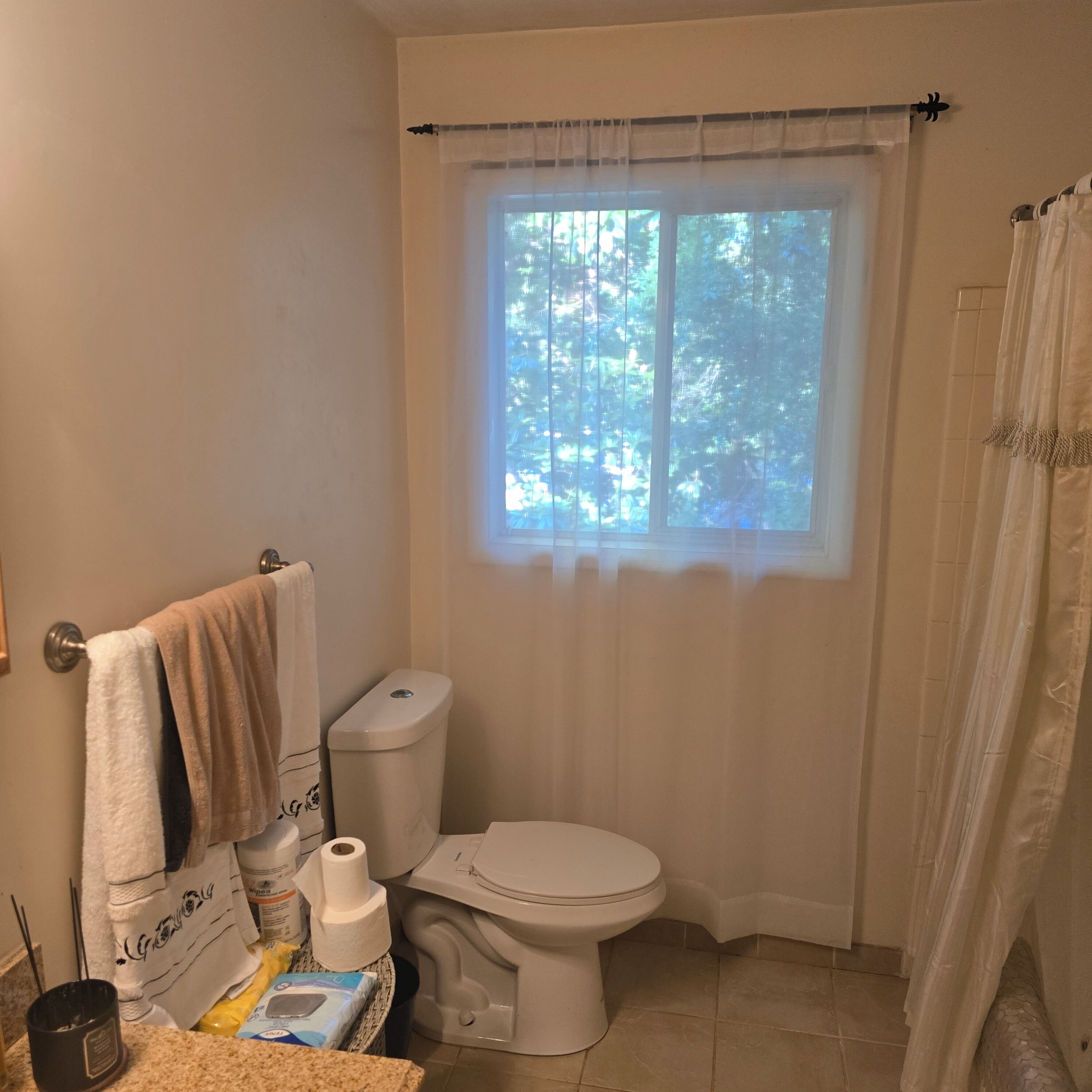 A bathroom with a toilet, a window with a view of trees, and a towel rack with towels.