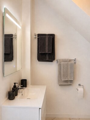 Shower, hair dryer, bidet, towels