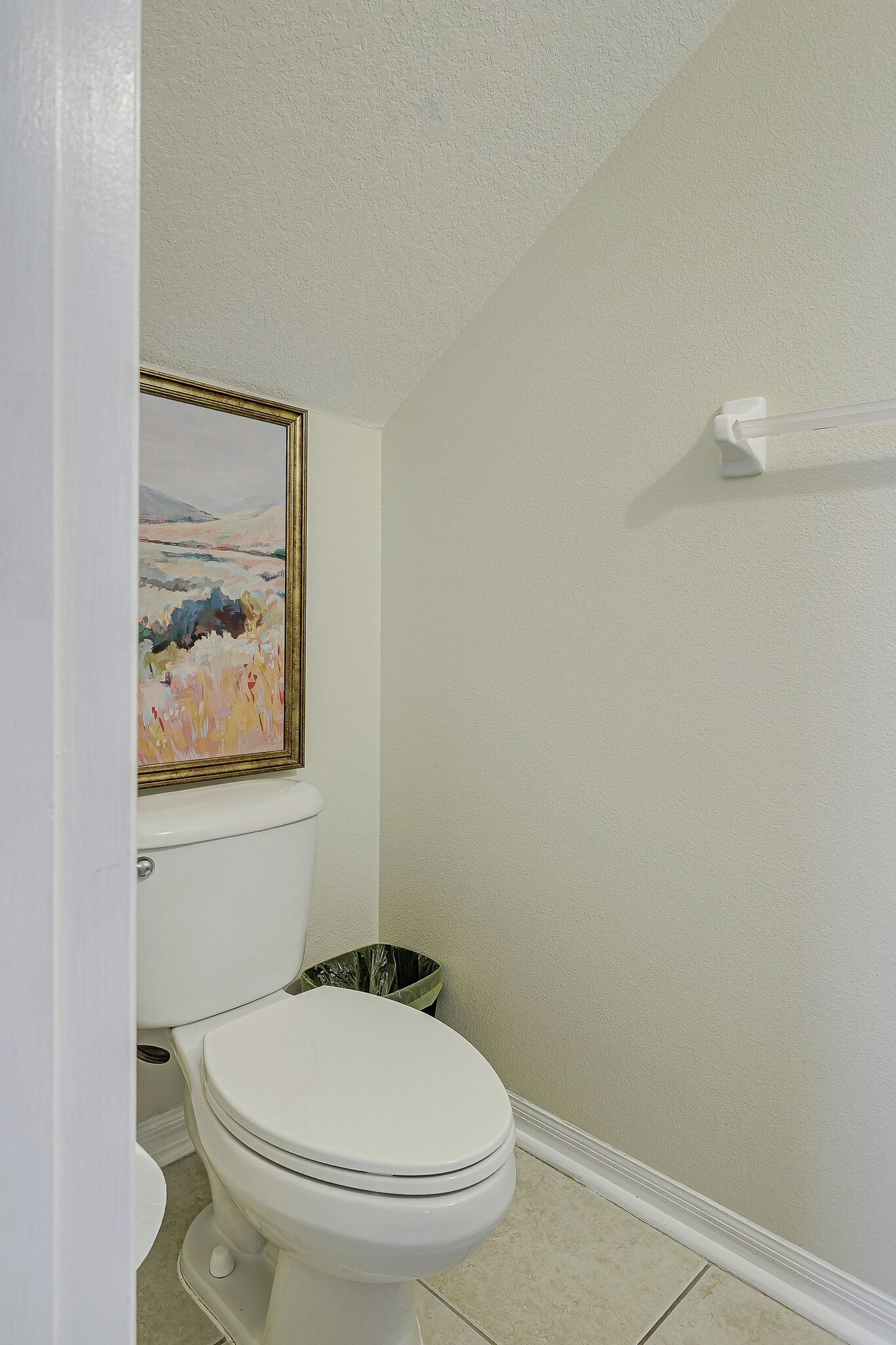 Une salle de bain avec des toilettes, un tableau encadré au mur et une poubelle.