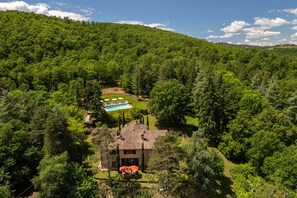 A villa surrounded by dense forest, with a swimming pool and outdoor seating area. - Villa Palazzolo 8, Emma Villas (Anghiari)