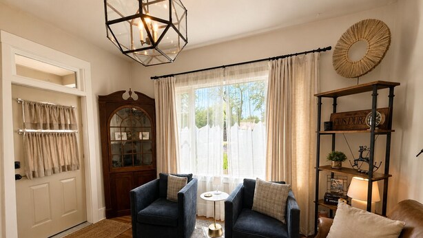 A living room with two armchairs, a sofa, a coffee table, a bookshelf, a decorative mirror, and a window with curtains. - Walk to Downtown Long Term Rental with Wifi, Grill, Yard (Durango)