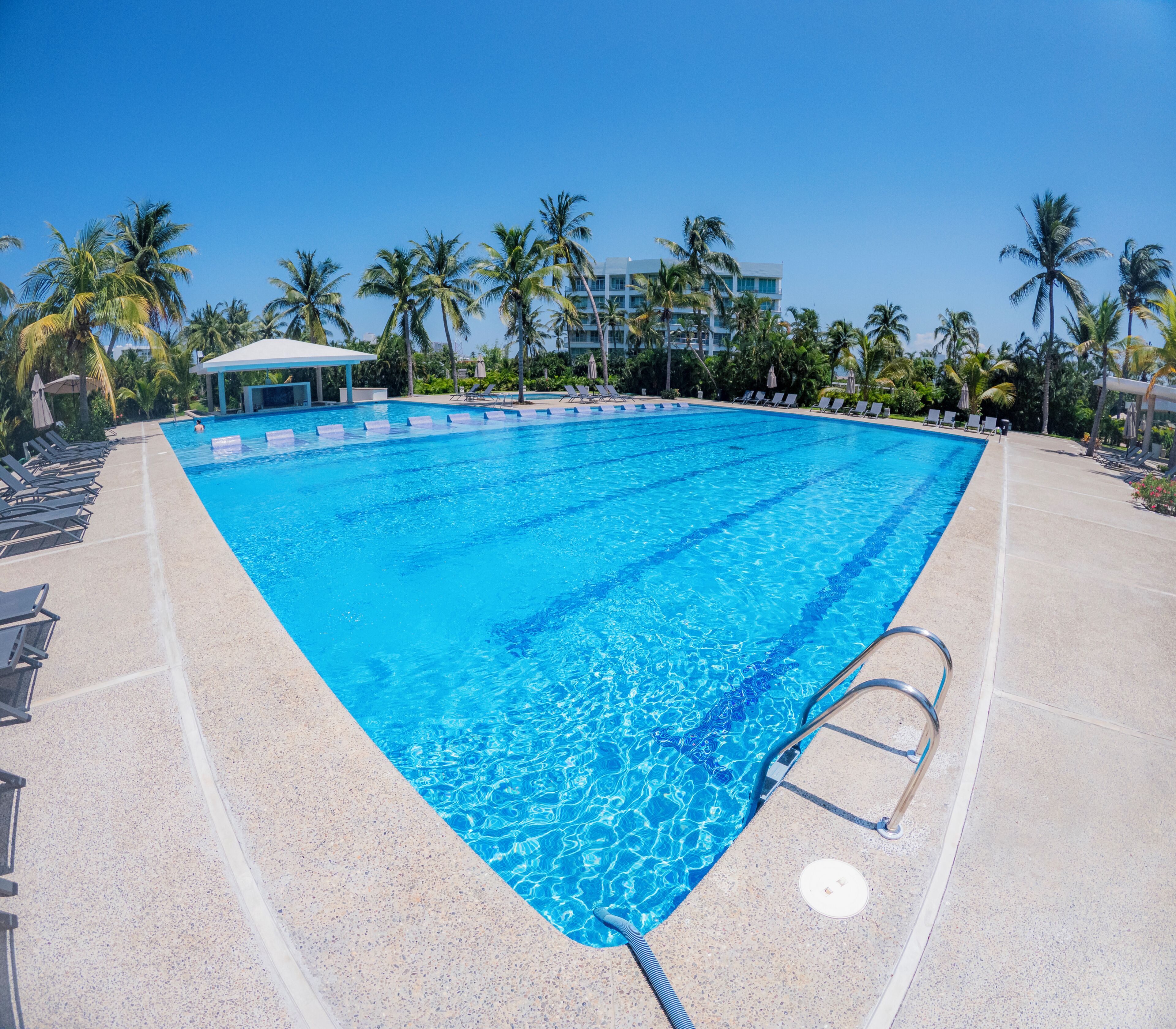 Una piscina con acqua cristallina, circondata da poltroncine da relax e palme.