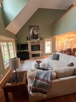 Smart TV, fireplace, video games, DVD player