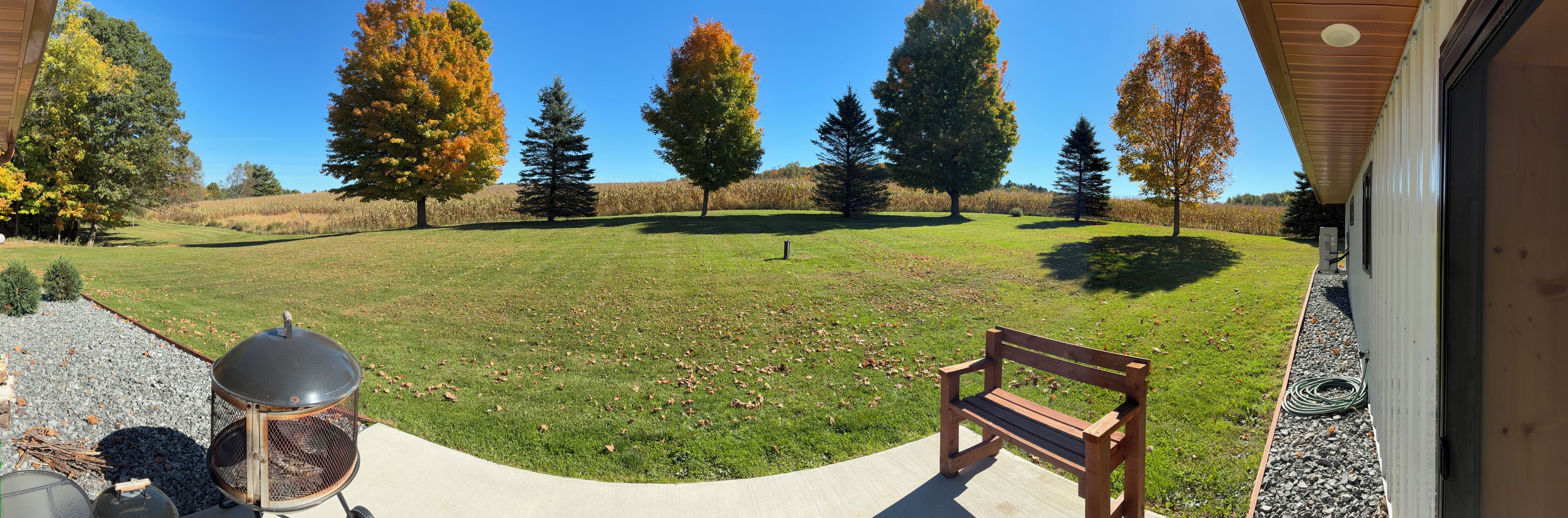 Un espace extérieur verdoyant avec un banc, un barbecue et des arbres aux feuilles d’automne.