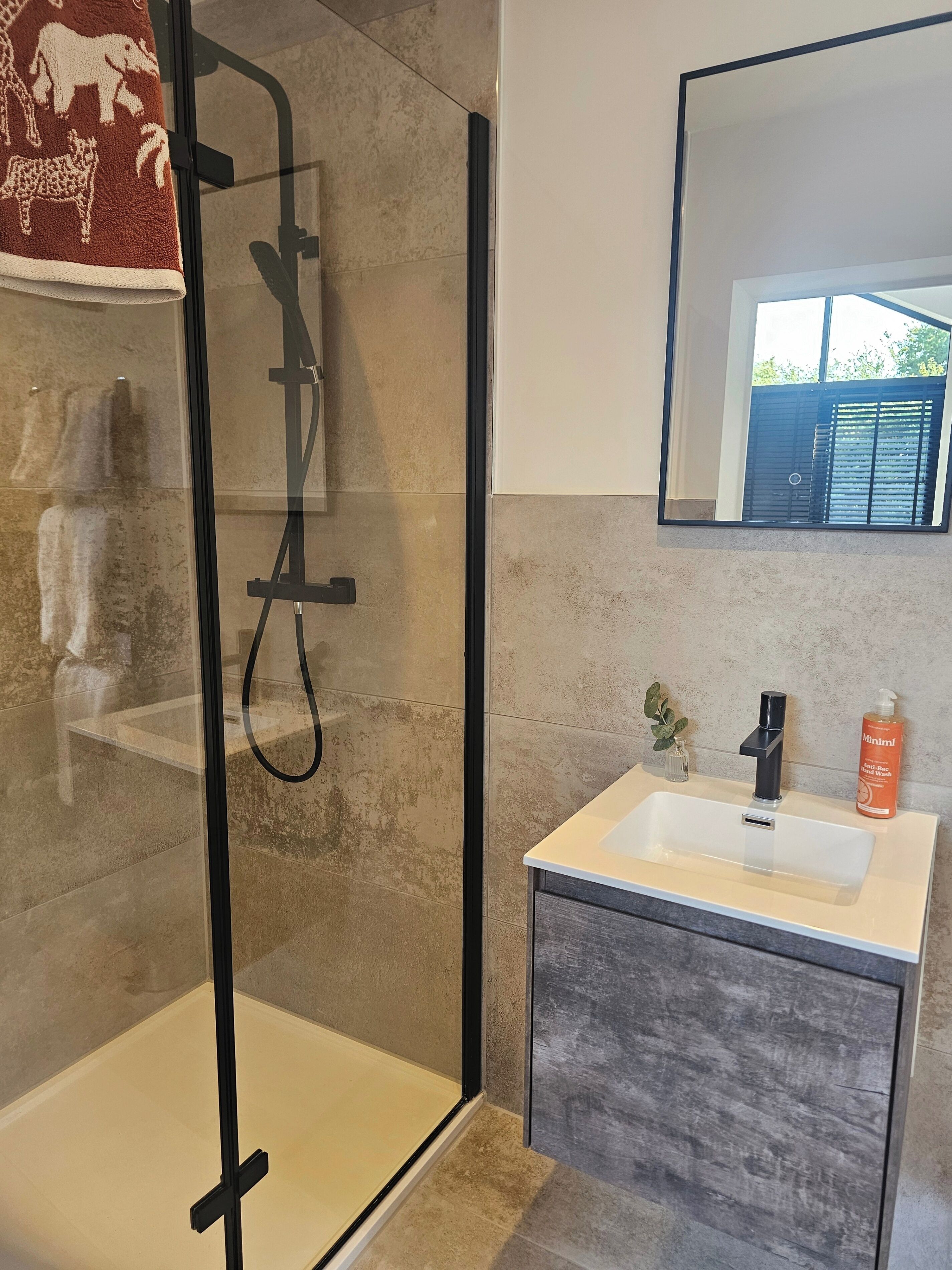 Shower, hair dryer, towels