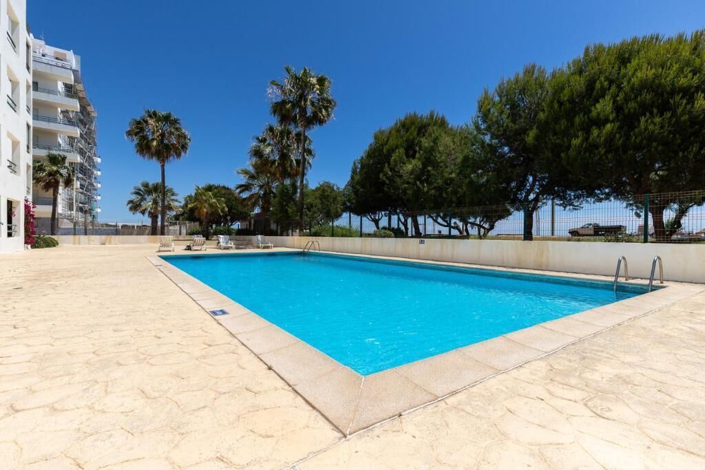 A swimming pool with a clear blue water, surrounded by a tiled deck, palm trees, and a building with balconies.