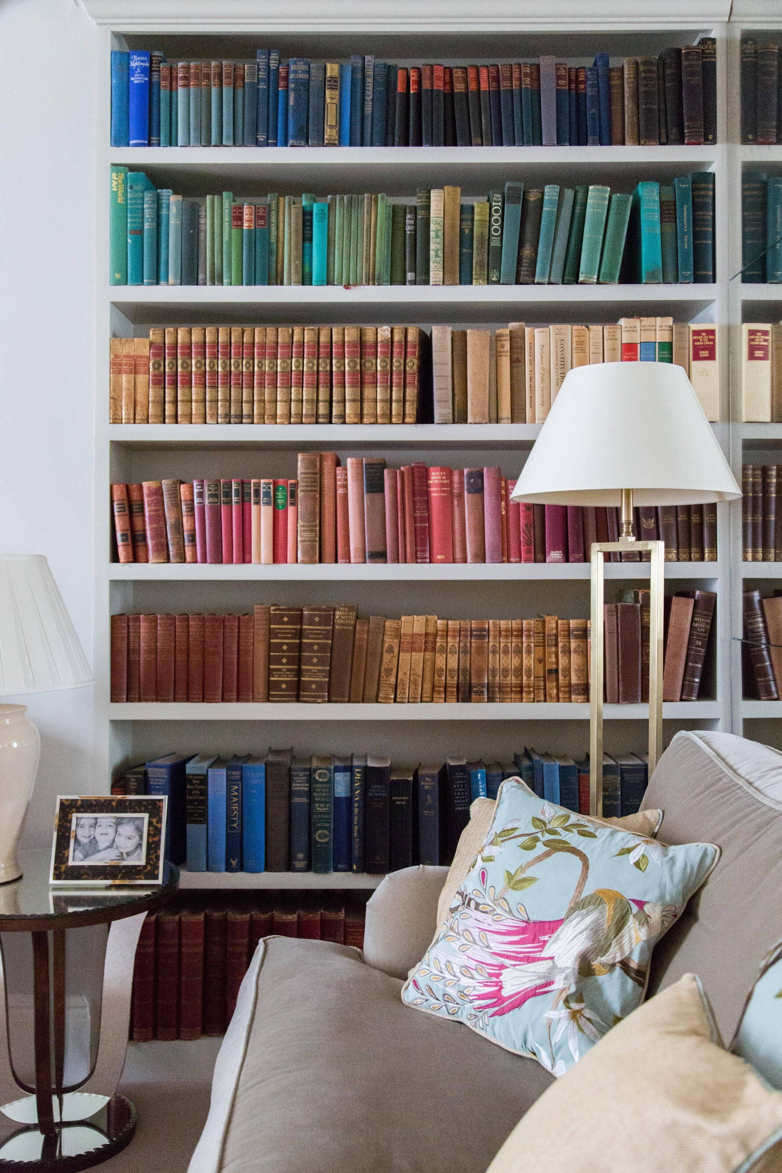 Une pièce avec une bibliothèque remplie de livres, une lampe et un canapé agrémenté de coussins décoratifs.