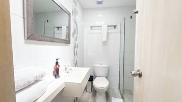 Doppia Basic, 1 letto queen, bagno privato | Bagno | Doccia, asciugamani, sapone, shampoo