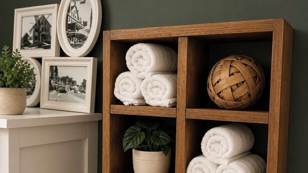 A wooden shelf with rolled towels, a woven basket, a vase, and framed photos. -     1780 Post & Beam Studio - Historic Charm Near Downtown Keene (Keene)