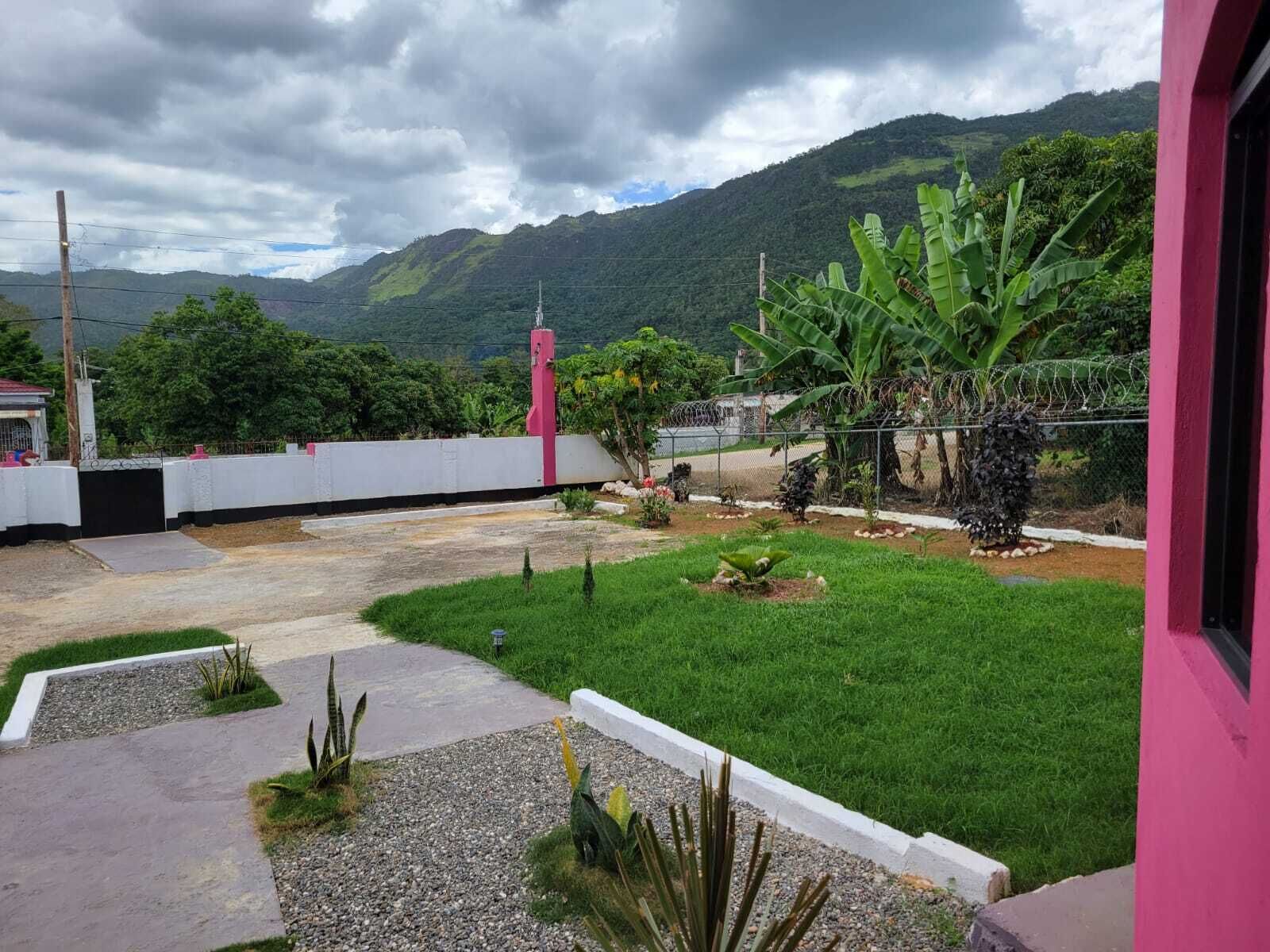 Une cour comprenant une zone herbeuse, un chemin en béton et un jardin clos où poussent des bananiers.