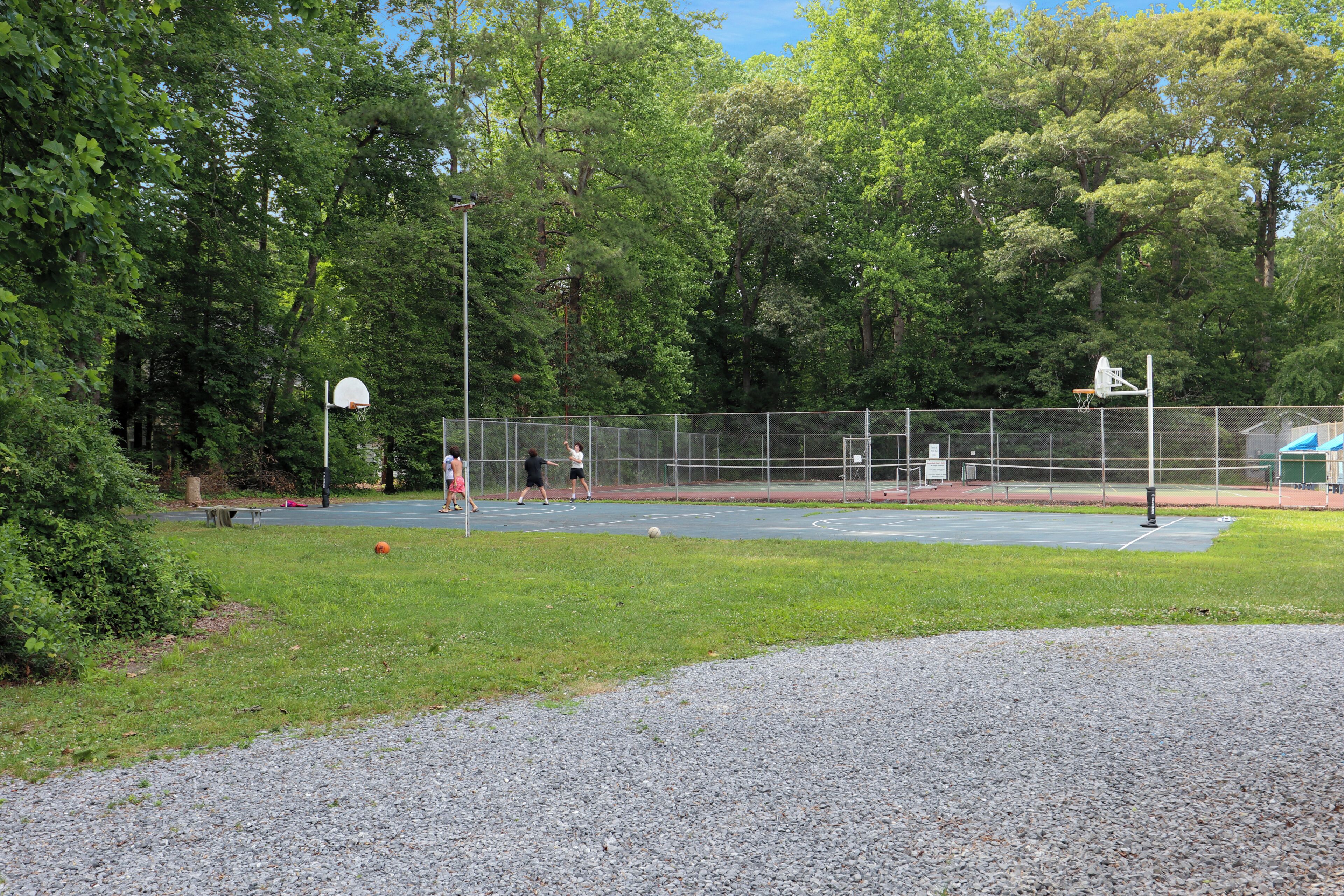 Una cancha de baloncesto al aire libre rodeada de árboles.