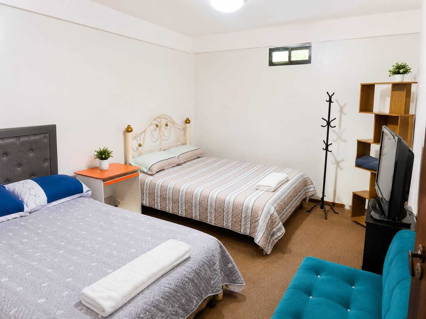 A hotel room with two beds, a TV, a coat rack, and a small table with a plant.