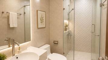 Hair dryer, bidet, towels, soap