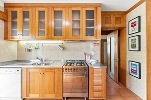 A kitchen with wooden cabinets, a gas stove, a dishwasher, and a refrigerator. - GuestReady - Quinta do Outeiro (Anadia)