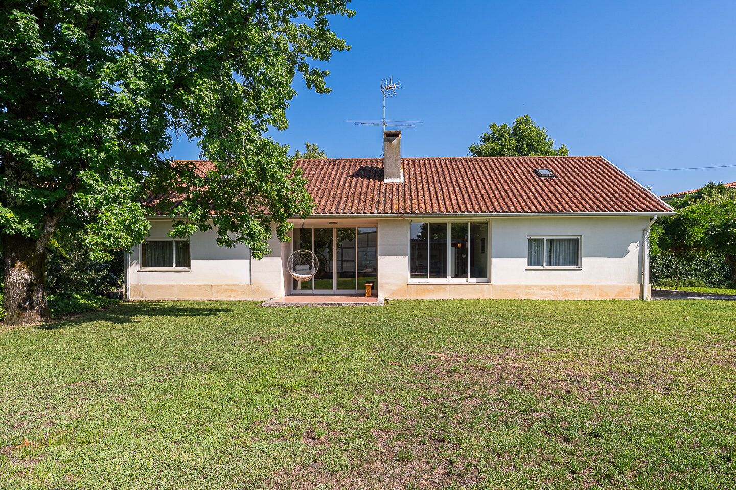 Une maison de plain-pied avec un toit en tuiles, un porche à l’avant et un grand arbre sur le côté gauche.