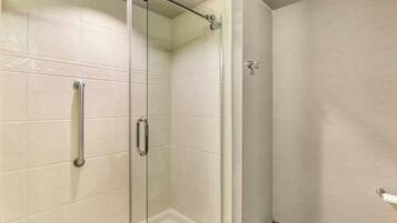 A glass-enclosed shower stall with a handrail, a corner tile wall, and a toilet paper holder.