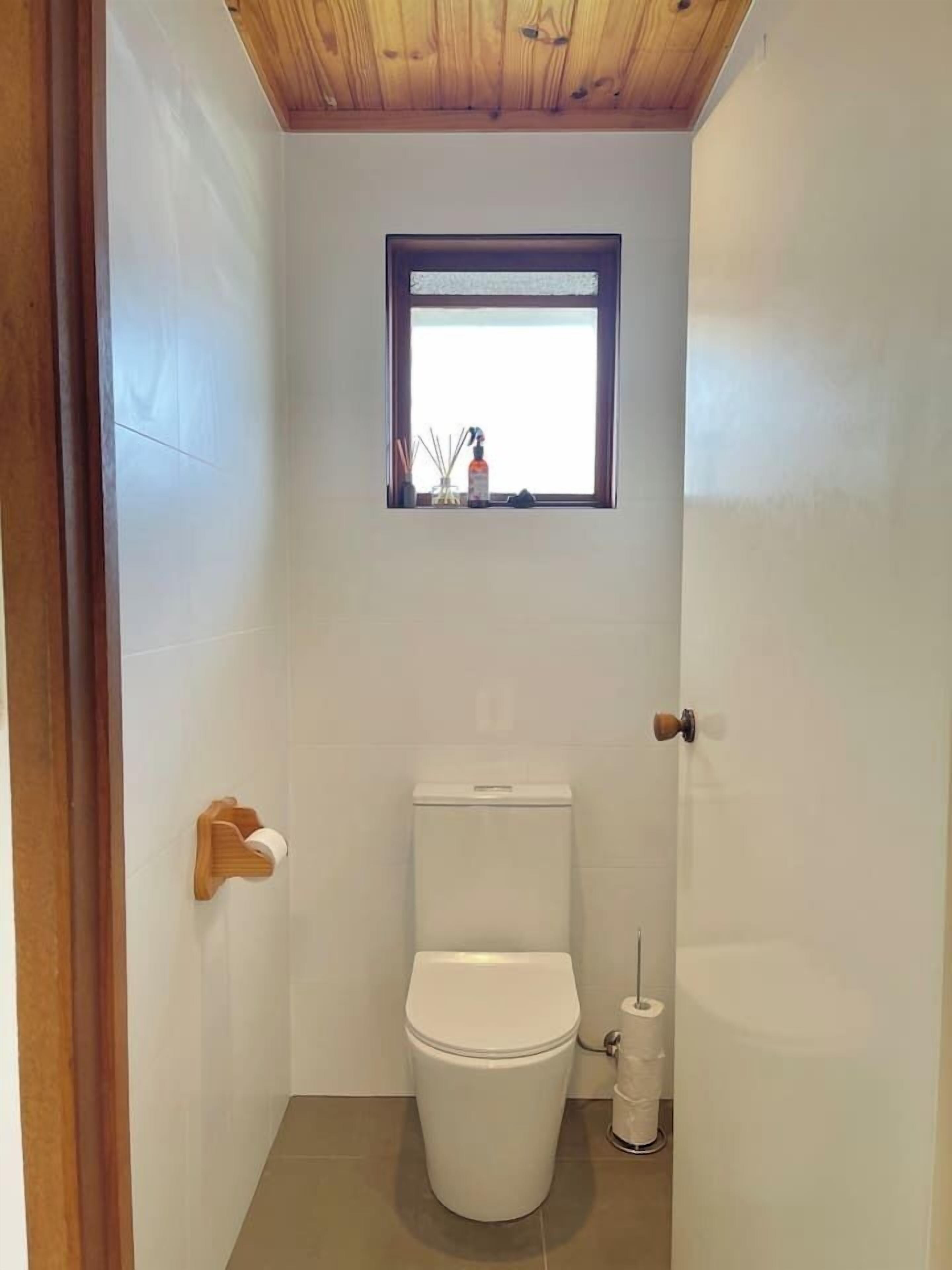 A small, narrow bathroom with a toilet, a wooden door, and a window above the toilet.