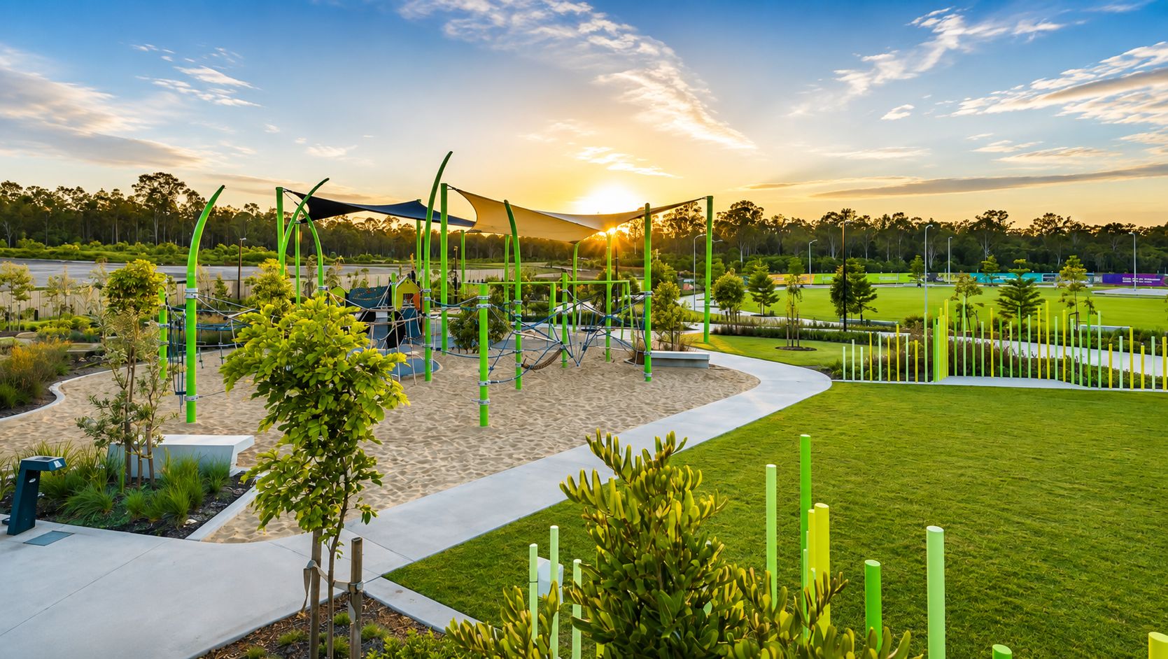 A playground with climbing structures and a sandbox area.