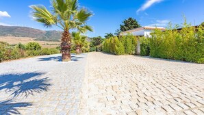 A paved pathway leading to a building with a white facade and red-tiled roof, surrounded by greenery and palm trees.