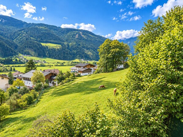 A rural landscape with houses, a cow grazing, and mountains in the background.