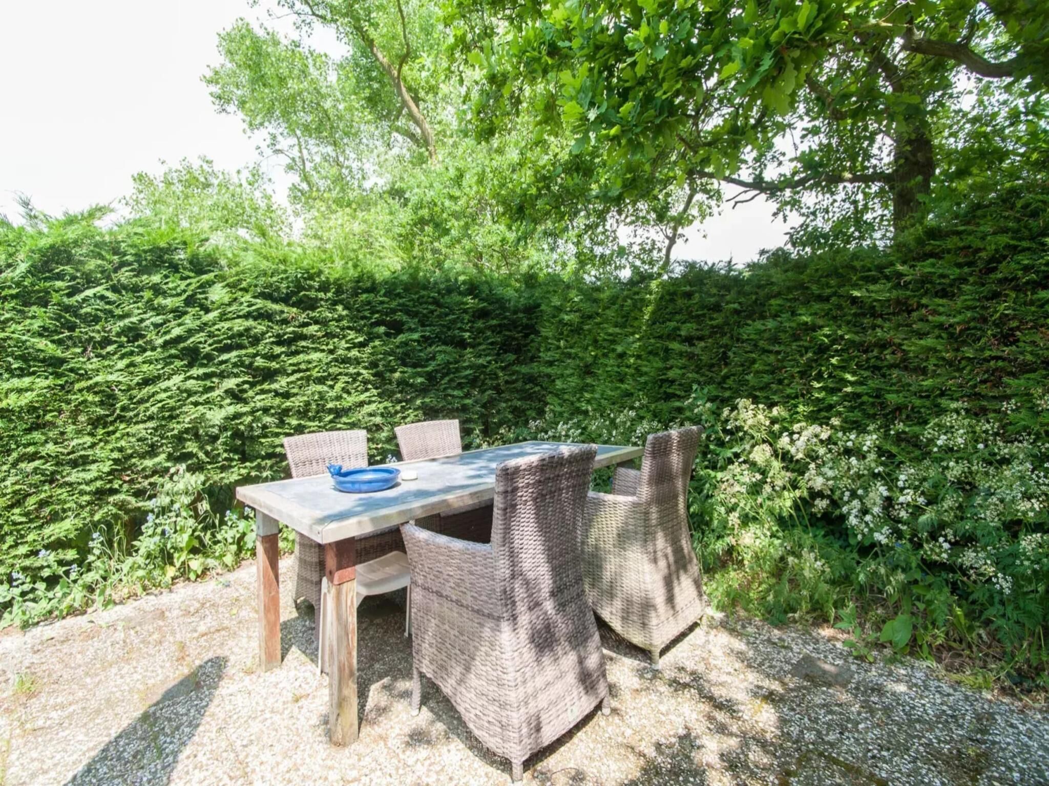 An outdoor dining area with wicker chairs and a table, surrounded by dense greenery and trees.