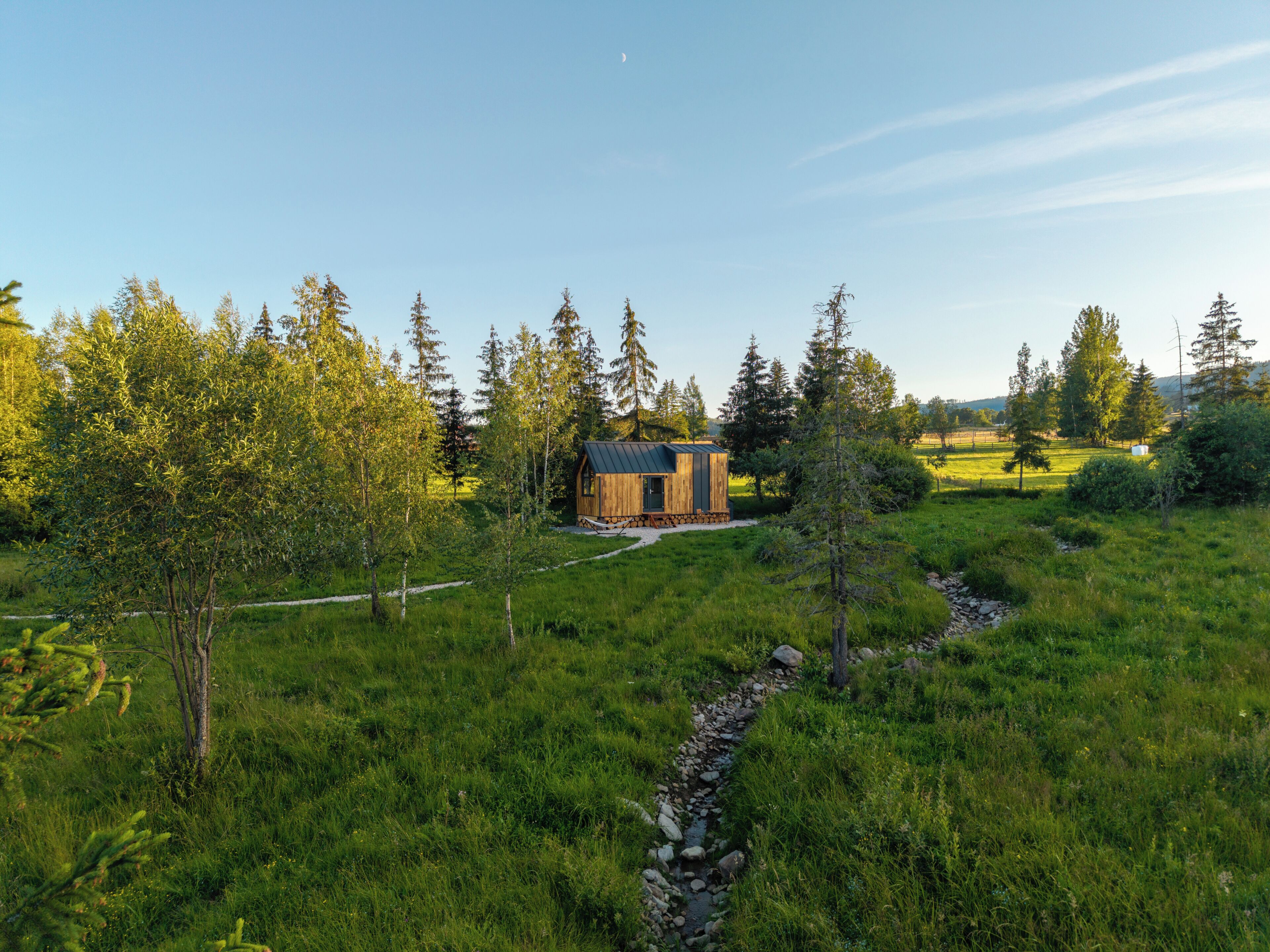 A wooden cabin with a metal roof surrounded by a grassy field and trees.