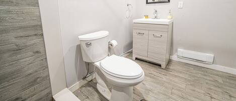 Une salle de bain avec des toilettes, un lavabo et un miroir.
