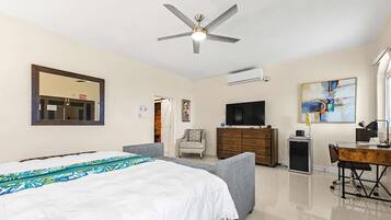 A bedroom with a bed, a desk, a chair, a television, and a ceiling fan.