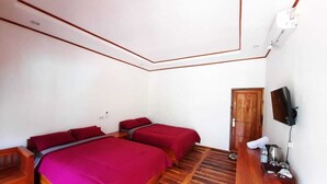 A room with two beds, a wooden floor, a TV, and a wooden door. - Cozzy Villa Dua Bidadari (Jawa Barat)
