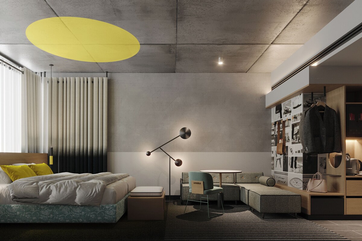 Un dormitorio moderno con cama, mesita de noche, lámpara y armario con ropa y zapatos.